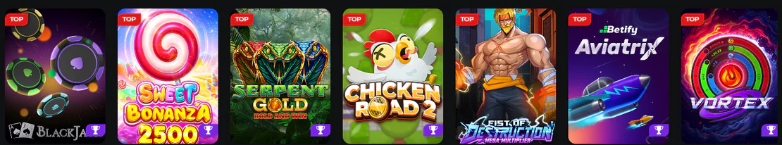 Betify Casino sélection de jeux populaires avec Blackjack, Sweet Bonanza 2500, Serpent Gold, Chicken Road 2, Aviatrix et Vortex